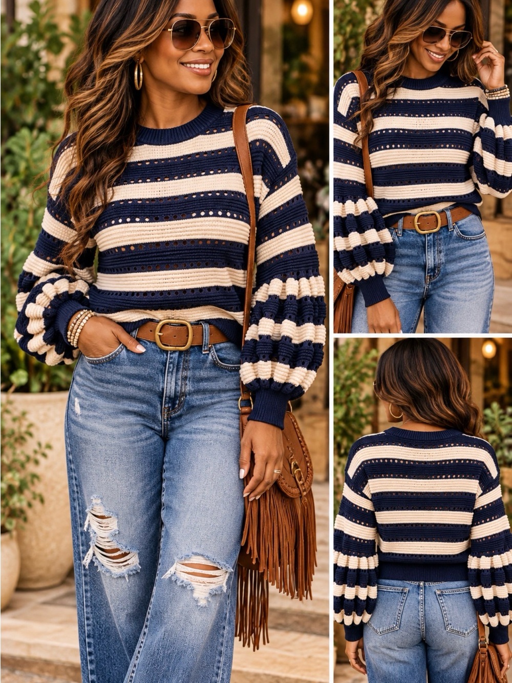 Self-Portrait Navy Cream Striped Balloon Sleeve Sweater Sz M P2P 22’